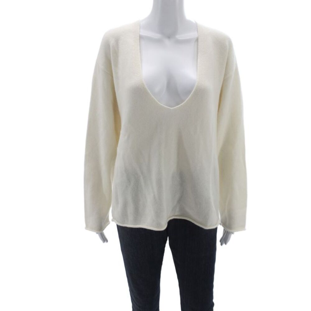 Reformation Women V-Neck Pullover Sweater Ivory Cashmere Long-Sleeve Size S